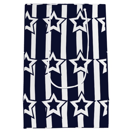 Navy Blue White Star Stripes Medium Cadeauzakje (Achterkant)