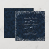 Navy Blue White Stardust Wedding Invitation Square Kaart (Voorkant / Achterkant)
