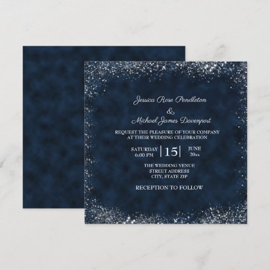 Navy Blue White Stardust Wedding Invitation Square Kaart (Voorkant / Achterkant)