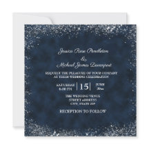 Navy Blue White Stardust Wedding Invitation Square