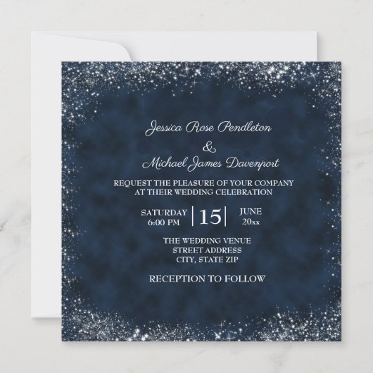 Navy Blue White Stardust Wedding Invitation Square Kaart (Voorkant)