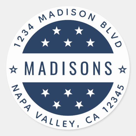 Navy Blue & White Stars Aangepast Retouradres Ronde Sticker (Voorkant)