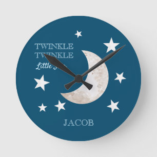 Navy Blue White Stars Moon Twinkle Little Star Ronde Klok