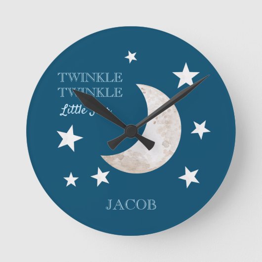 Navy Blue White Stars Moon Twinkle Little Star Ronde Klok (Voorkant)