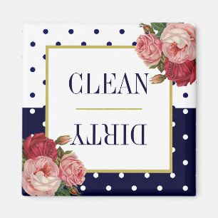 Navy Blue White Stippen Floral Clean Dirty Dishwas Magneet