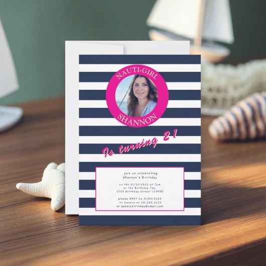 Navy Blue White Stripe 21st Verjaardag foto Kaart