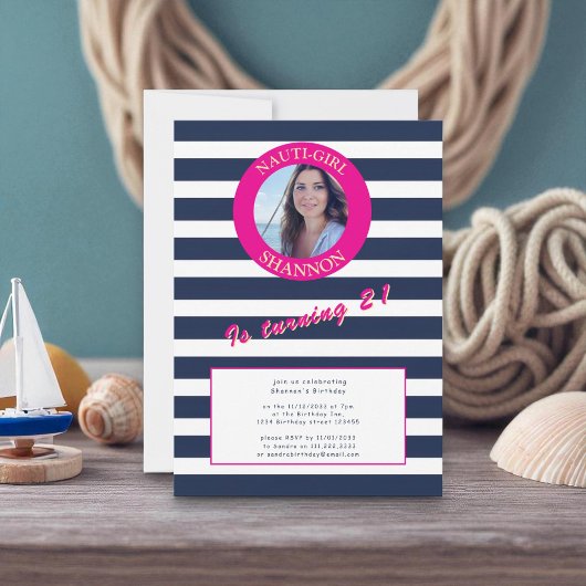 Navy Blue White Stripe 21st Verjaardag foto Kaart