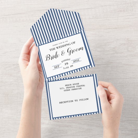 Navy Blue White Stripe Coastal Beach Wedding All In One Uitnodiging (Afscheurbaar)