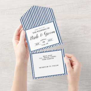 Navy Blue White Stripe Coastal Beach Wedding All In One Uitnodiging