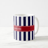 Navy Blue White Stripe Cranberry Name Monogram Koffiemok (Voorkant rechts)