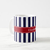 Navy Blue White Stripe Cranberry Name Monogram Koffiemok (Voorkant links)