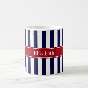 Navy Blue White Stripe Cranberry Name Monogram Koffiemok
