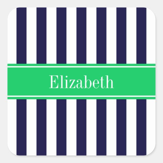 Navy Blue White Stripe Emerald Green Name Monogram Vierkante Sticker (Voorkant)