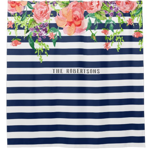 Navy Blue White Stripe Floral Roos Waterverf Naam Douchegordijn (Voorkant)