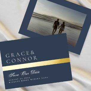 Navy Blue White Stripe foto slaat de datum op Folie Uitnodiging