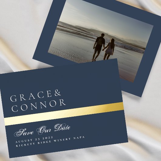 Navy Blue White Stripe foto slaat de datum op Folie Uitnodiging