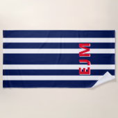 Navy Blue White Stripe gepersonaliseerd monogram Strandlaken (Voorkant)