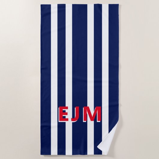 Navy Blue White Stripe gepersonaliseerd monogram Strandlaken (Voorkant)