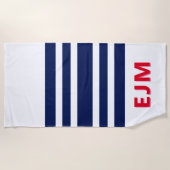 Navy Blue White Stripe - gepersonaliseerd rood mon Strandlaken (Voorkant)