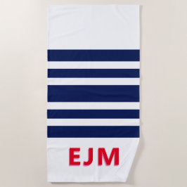 Navy Blue White Stripe - gepersonaliseerd rood mon Strandlaken