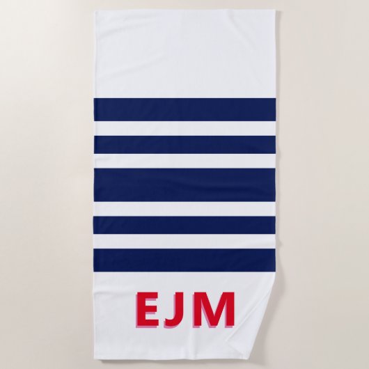 Navy Blue White Stripe - gepersonaliseerd rood mon Strandlaken (Voorkant)