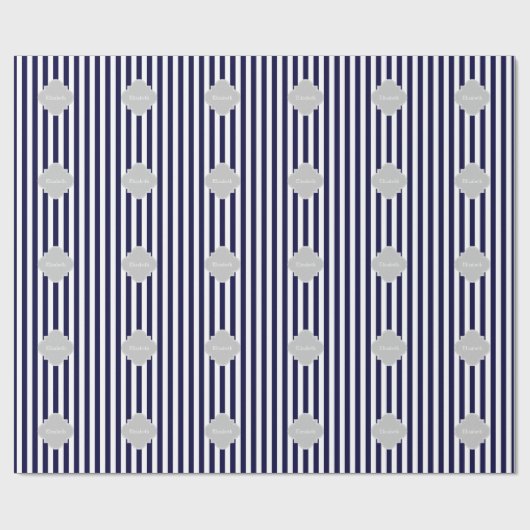 Navy Blue White Stripe Lt Grey Quatrefoil Monogram Cadeaupapier (Vlak)