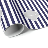 Navy Blue White Stripe Lt Grey Quatrefoil Monogram Cadeaupapier (Rol Hoek)