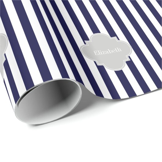 Navy Blue White Stripe Lt Grey Quatrefoil Monogram Cadeaupapier (Rol Hoek)