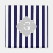 Navy Blue White Stripe Lt Grey Quatrefoil Monogram Magneet (Voorkant)