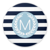 Navy Blue & White Stripe met Light Blue Monogram Keramische Knop (Voorkant)