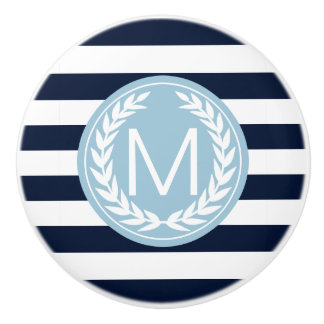 Navy Blue & White Stripe met Light Blue Monogram Keramische Knop