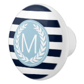 Navy Blue & White Stripe met Light Blue Monogram Keramische Knop (Rechts)