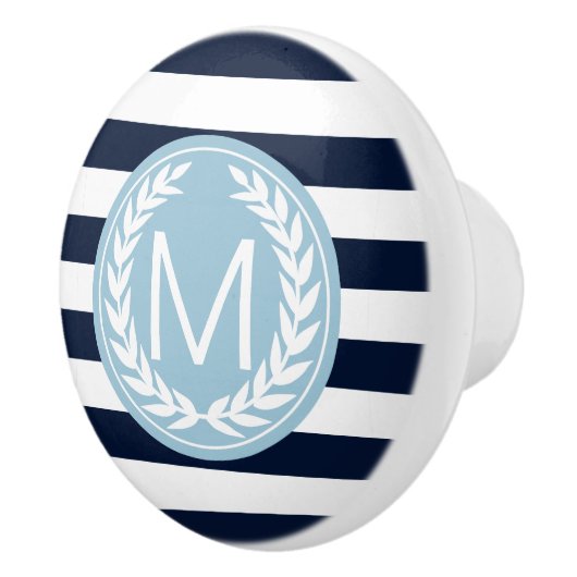 Navy Blue & White Stripe met Light Blue Monogram Keramische Knop (Rechts)
