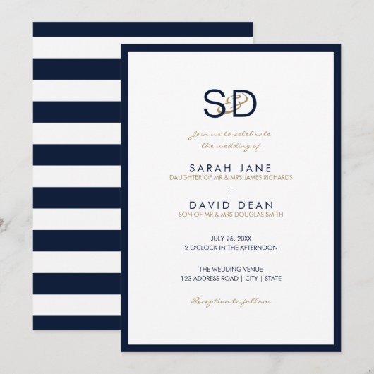 Navy Blue & White Stripe Monogram Weddenschap Kaart (Voorkant / Achterkant)