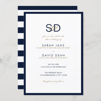 Navy Blue & White Stripe Monogram Weddenschap Kaart