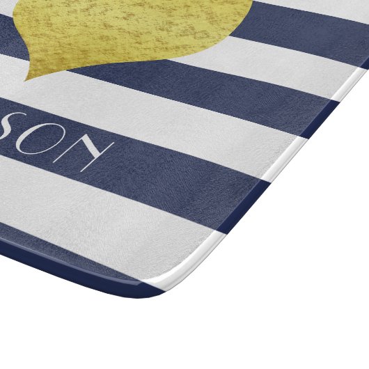 Navy Blue White Stripe Pattern Name Gold Heart Snijplank (Hoek)