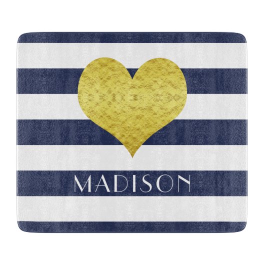 Navy Blue White Stripe Pattern Name Gold Heart Snijplank (Voorkant)