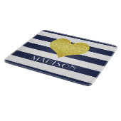 Navy Blue White Stripe Pattern Name Gold Heart Snijplank (Hoek)