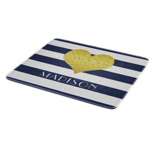 Navy Blue White Stripe Pattern Name Gold Heart Snijplank (Hoek)