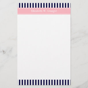 Navy Blue White Stripe Pink Name Monogram Briefpapier