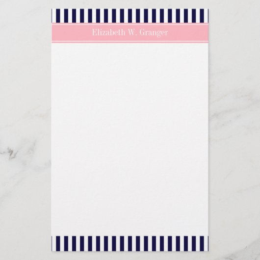 Navy Blue White Stripe Pink Name Monogram Briefpapier (Voorkant)