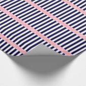 Navy Blue White Stripe Pink Name Monogram Cadeaupapier (Hoek)
