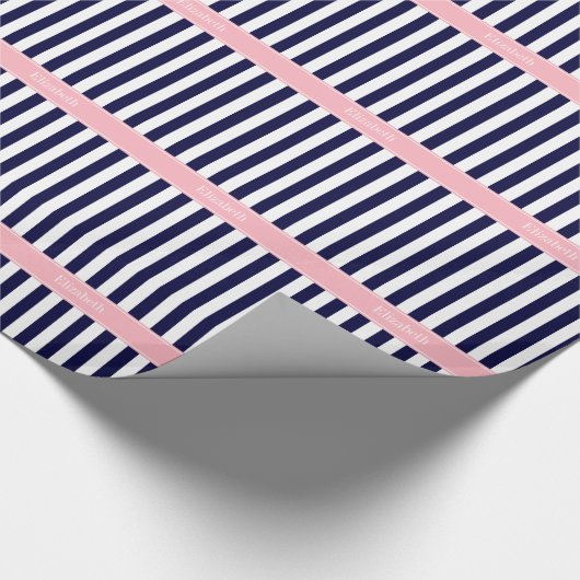 Navy Blue White Stripe Pink Name Monogram Cadeaupapier (Hoek)