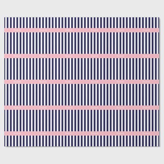 Navy Blue White Stripe Pink Name Monogram Cadeaupapier (Vlak)
