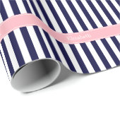 Navy Blue White Stripe Pink Name Monogram Cadeaupapier (Rol Hoek)