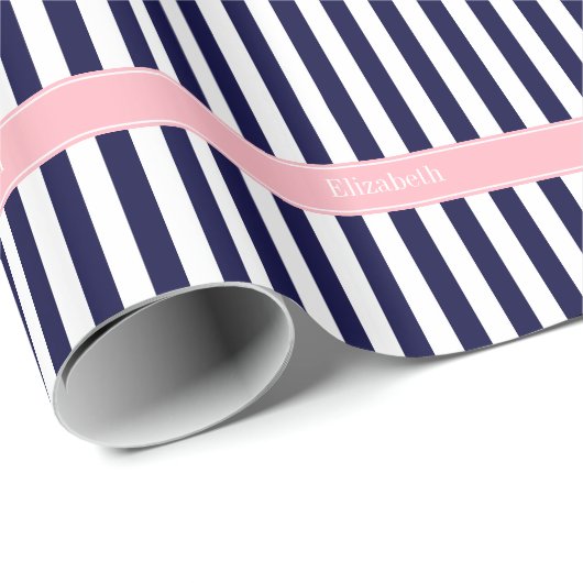 Navy Blue White Stripe Pink Name Monogram Cadeaupapier (Rol Hoek)