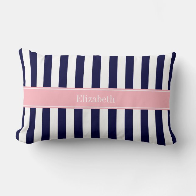 Navy Blue White Stripe Pink Name Monogram Kussen (Voorkant)