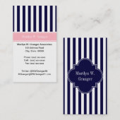 Navy Blue White Stripe Pink Name Monogram Visitekaartje (Voorkant / Achterkant)