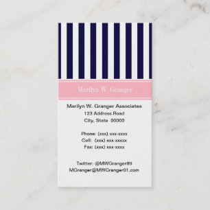 Navy Blue White Stripe Pink Name Monogram Visitekaartje