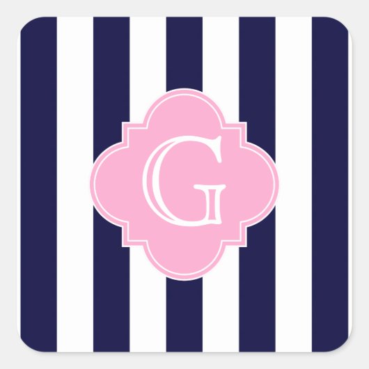 Navy Blue White Stripe Pink Quatrefoil Monogram Vierkante Sticker (Voorkant)